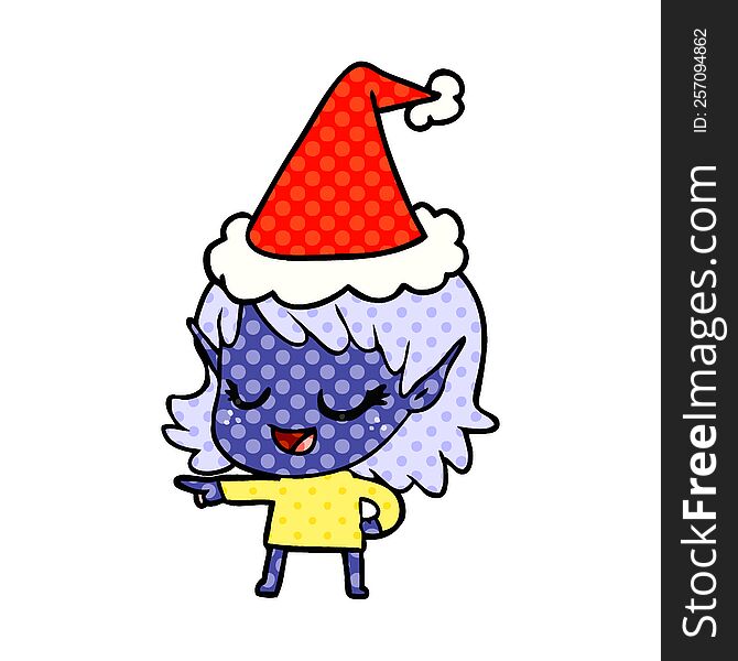 happy hand drawn comic book style illustration of a elf girl pointing wearing santa hat