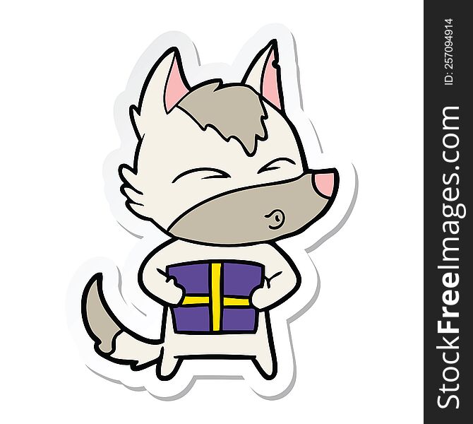 Sticker Of A Cartoon Christmas Wolf Whistling