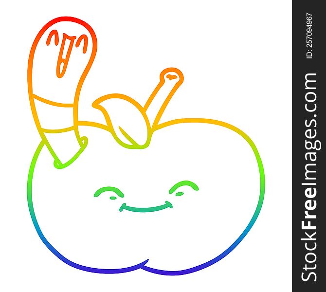 rainbow gradient line drawing of a cartoon happy worm in an apple