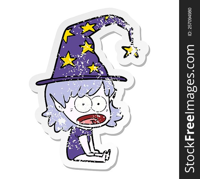 distressed sticker of a funny witch girl cartoon