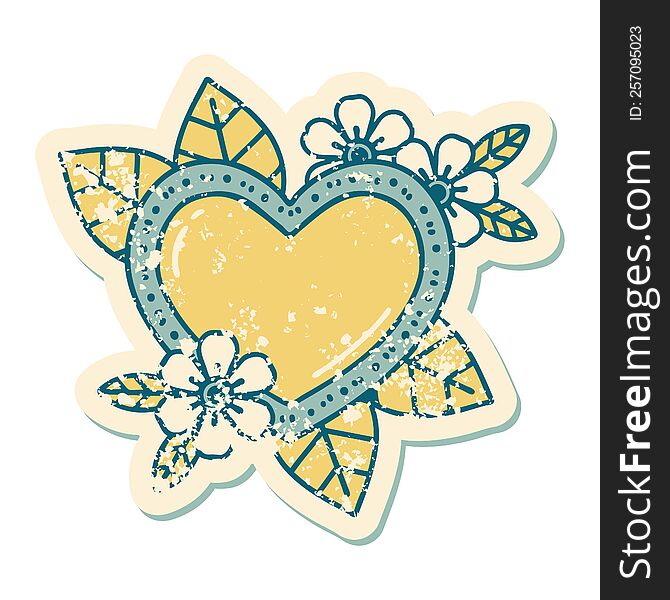 Distressed Sticker Tattoo Style Icon Of A Botanical Heart