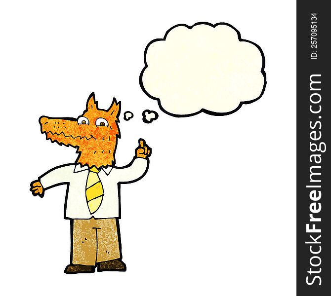 cartoon business fox with idea with thought bubble