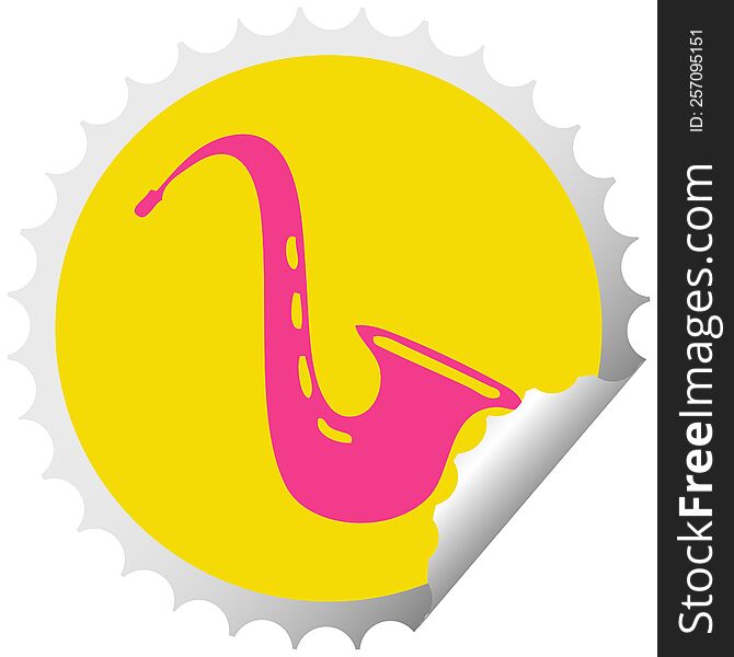 circular peeling sticker cartoon of a musical saxophone