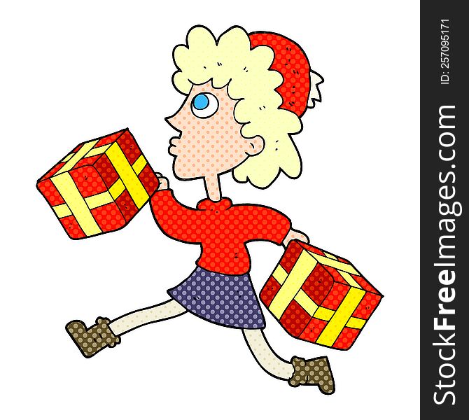 cartoon running woman with presents