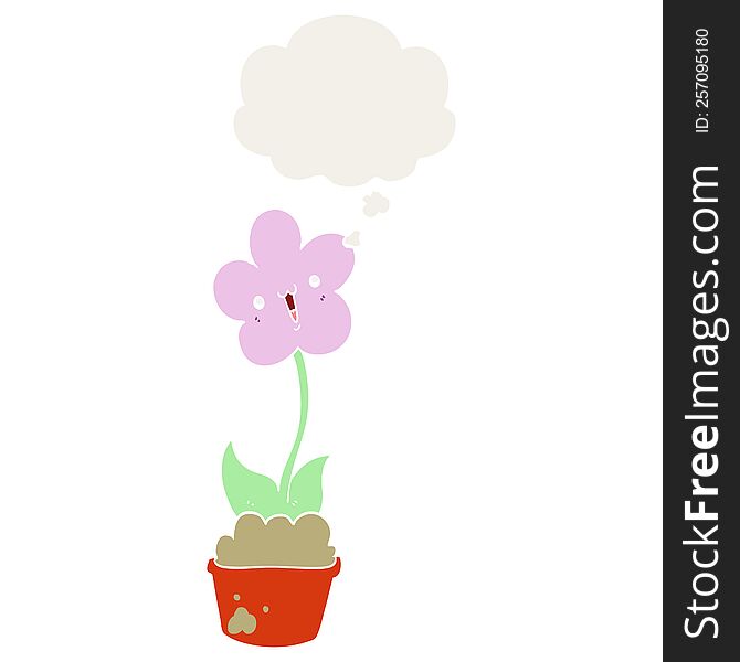 cute cartoon flower with thought bubble in retro style