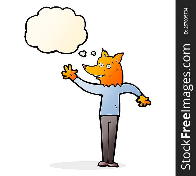 Cartoon Waving Fox Man With Thought Bubble