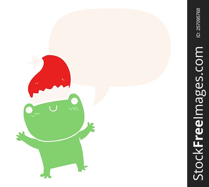 cute cartoon frog wearing christmas hat with speech bubble in retro style