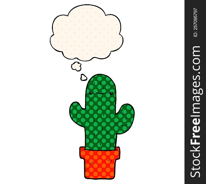 cartoon cactus with thought bubble in comic book style