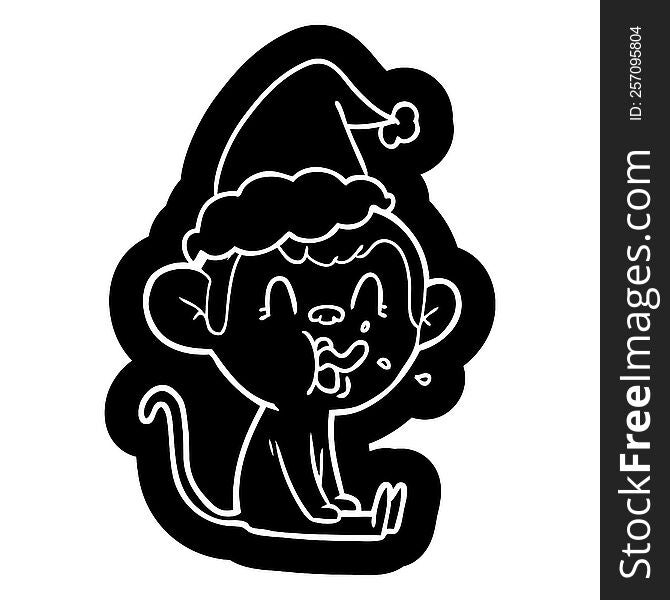 Crazy Cartoon Icon Of A Monkey Sitting Wearing Santa Hat