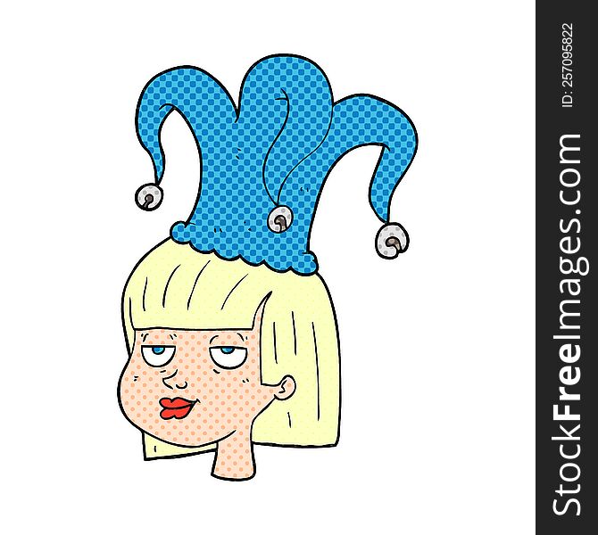 freehand drawn cartoon female face with jester hat. freehand drawn cartoon female face with jester hat
