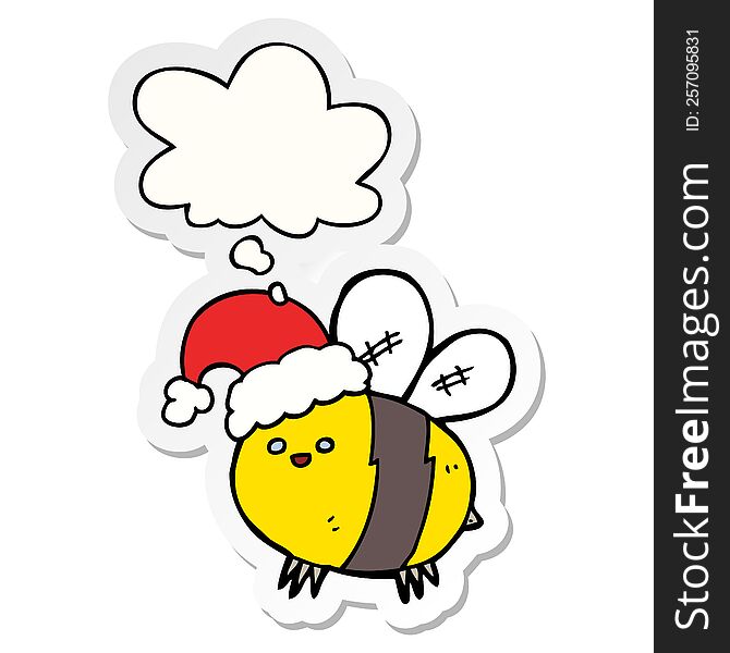 Cute Cartoon Bee Wearing Christmas Hat And Thought Bubble As A Printed Sticker
