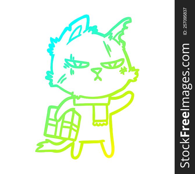 cold gradient line drawing of a tough cartoon cat with christmas present