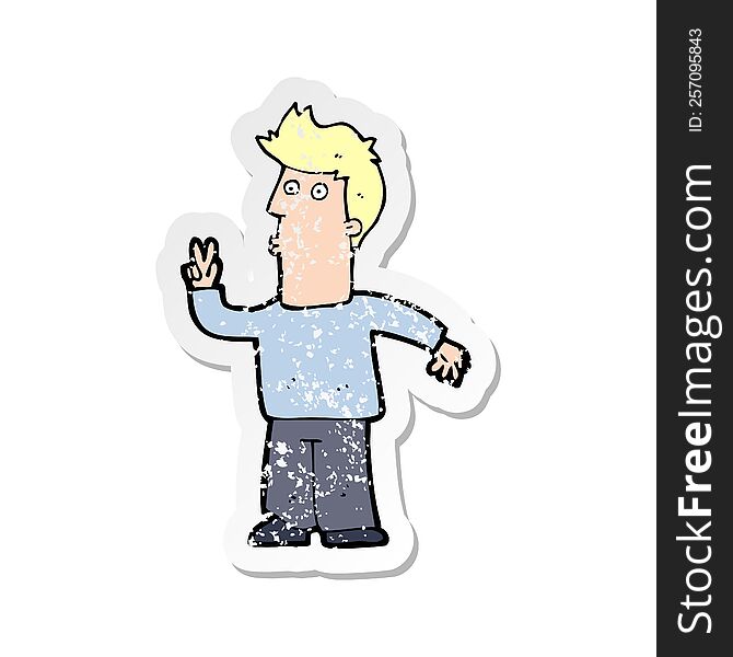 retro distressed sticker of a cartoon man giving peace sign