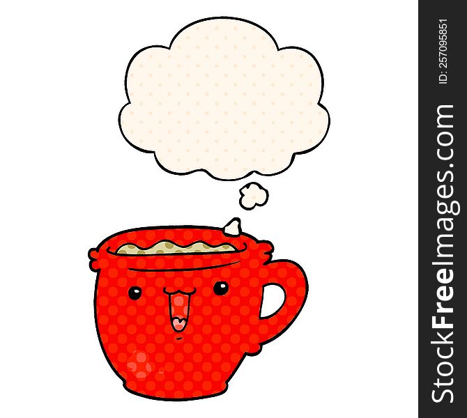 cute cartoon coffee cup with thought bubble in comic book style