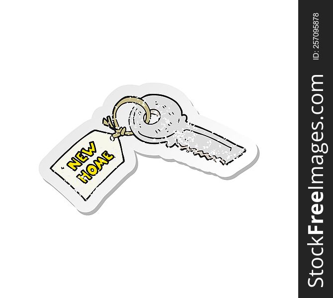 Retro Distressed Sticker Of A Cartoon House Key With New Home Tag