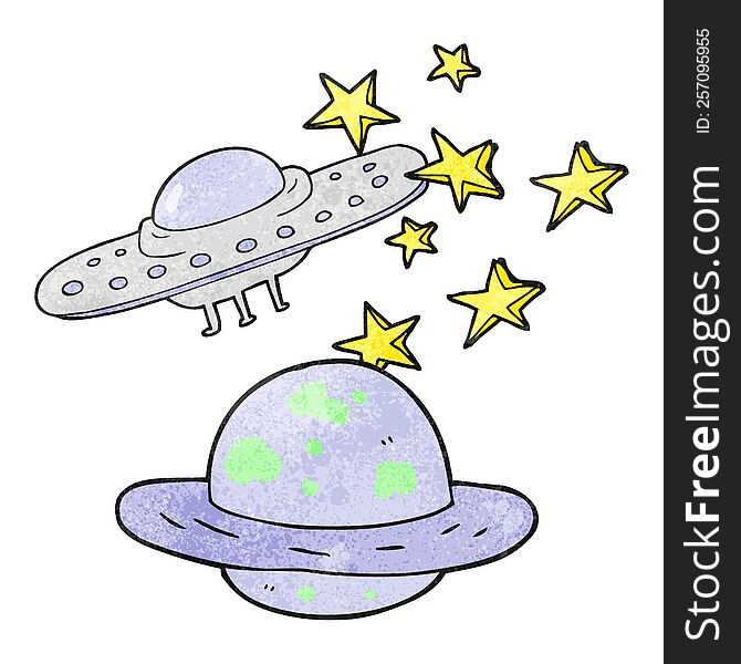 freehand textured cartoon flying saucer and planet