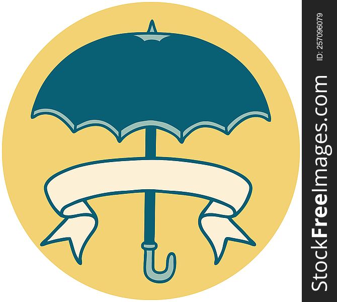 tattoo style icon with banner of an umbrella