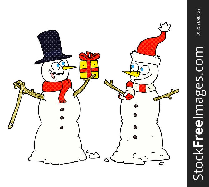 Cartoon Snowmen Exchanging Gifts