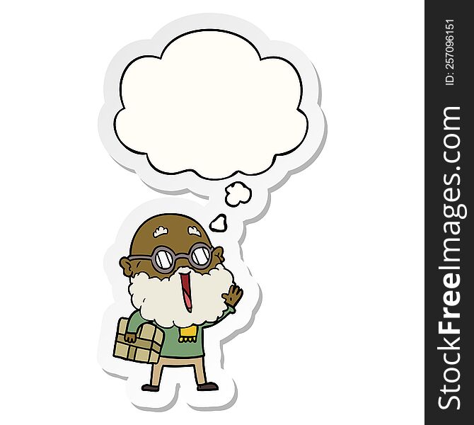 Cartoon Joyful Man With Beard And Parcel Under Arm And Thought Bubble As A Printed Sticker