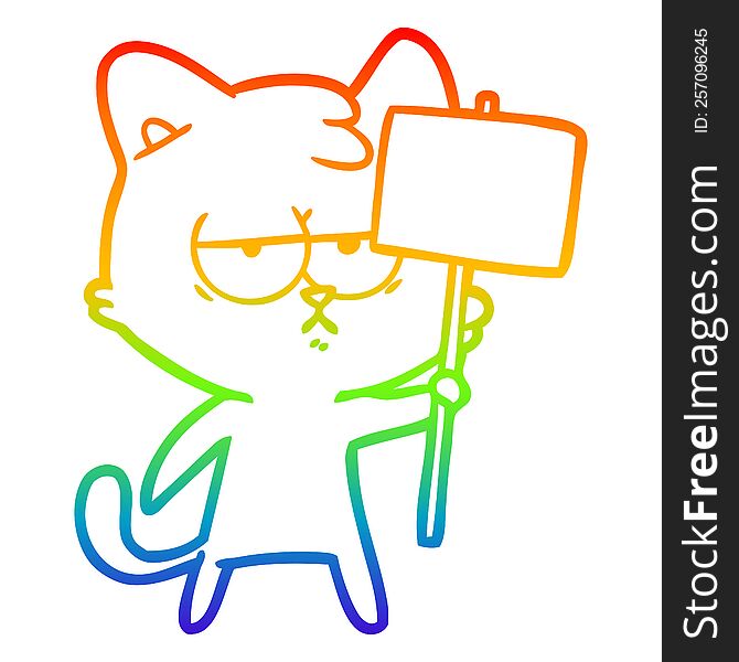 rainbow gradient line drawing of a bored cartoon cat with sign post
