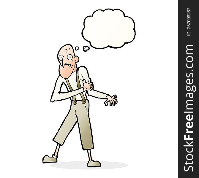 cartoon old man having heart attack with thought bubble