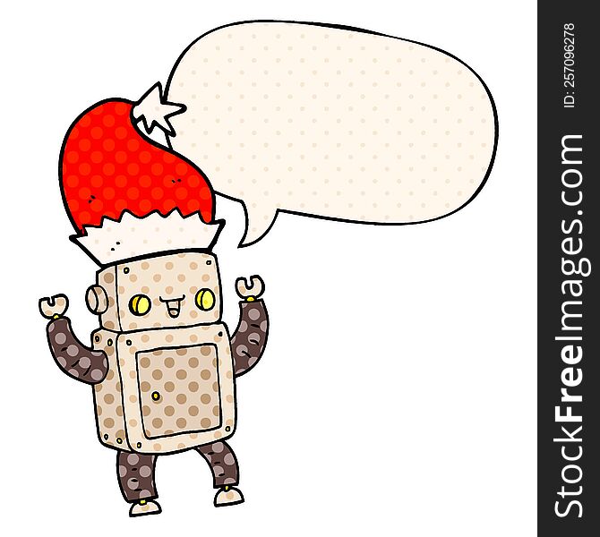 cartoon christmas robot with speech bubble in comic book style