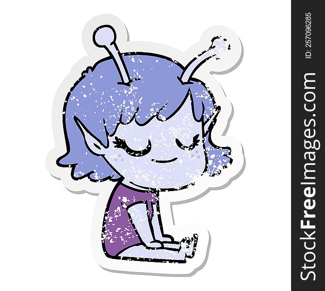 distressed sticker of a smiling alien girl cartoon