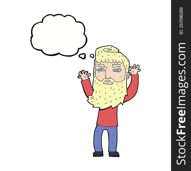 Cartoon Bearded Man Waving Arms With Thought Bubble