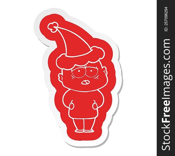 Cartoon  Sticker Of A Tired Bald Man Wearing Santa Hat