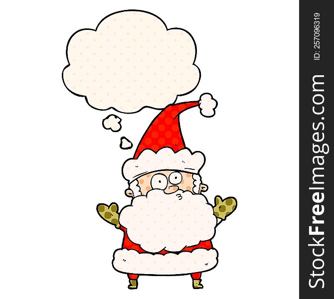 cartoon confused santa claus with thought bubble in comic book style