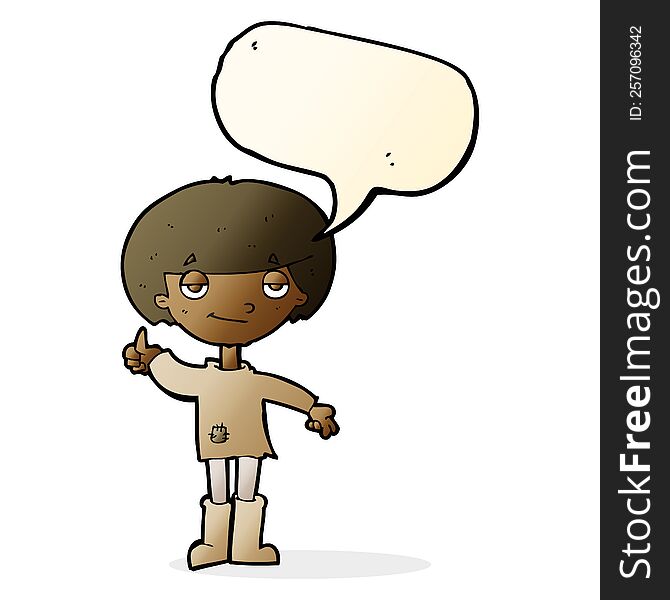 cartoon boy in poor clothing giving thumbs up symbol with speech bubble