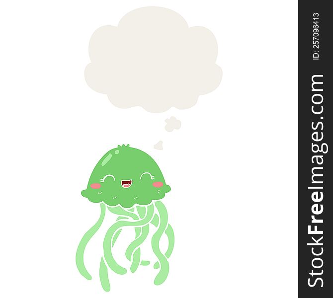 cute cartoon jellyfish with thought bubble in retro style