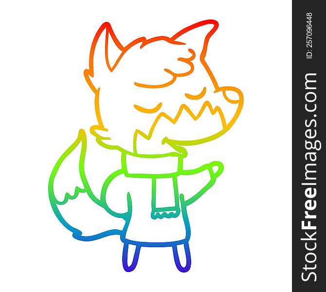 rainbow gradient line drawing of a friendly cartoon fox in winter clothes