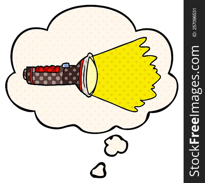 cartoon electric torch with thought bubble in comic book style