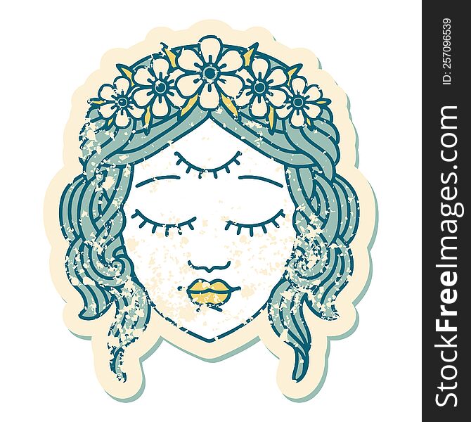 Distressed Sticker Tattoo Style Icon Of Female Face With Third Eye
