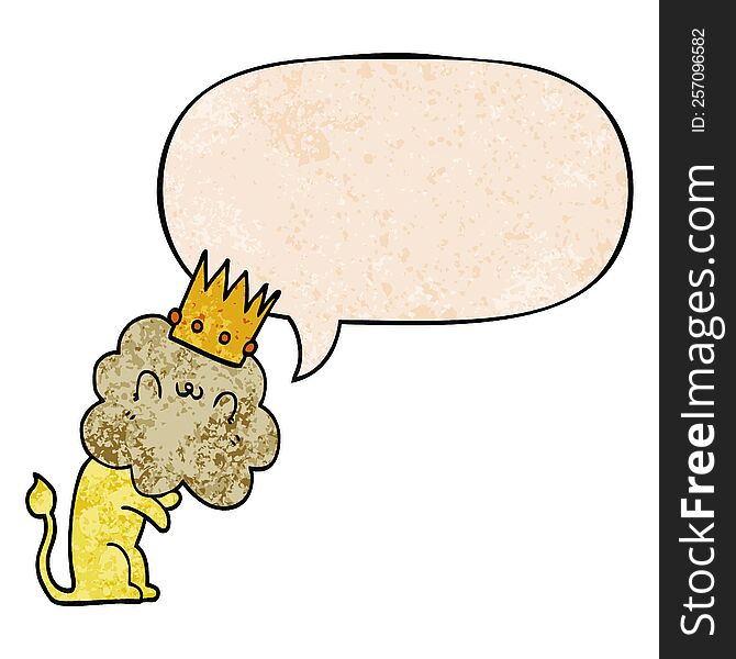 Cartoon Lion And Crown And Speech Bubble In Retro Texture Style
