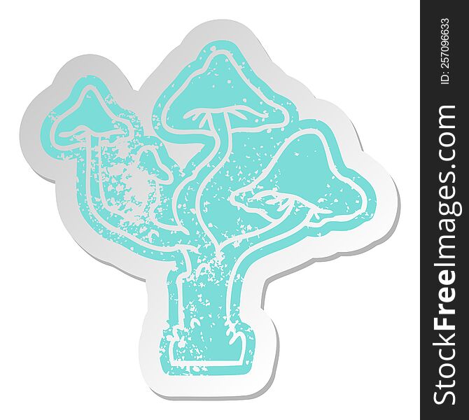 distressed old cartoon sticker of growing mushrooms. distressed old cartoon sticker of growing mushrooms