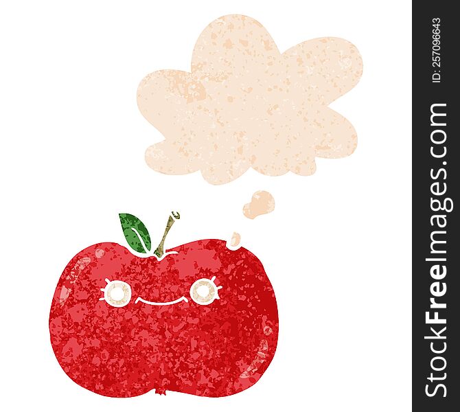 Cute Cartoon Apple And Thought Bubble In Retro Textured Style