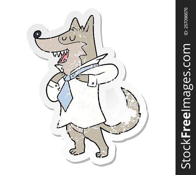 Distressed Sticker Of A Cartoon Office Wolf Getting Dressed