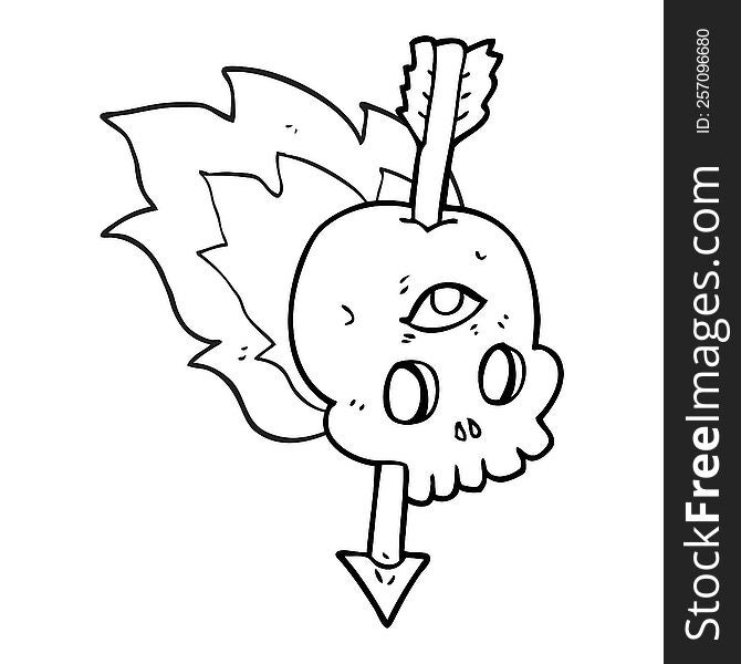 freehand drawn black and white cartoon magic skull with arrow through brain