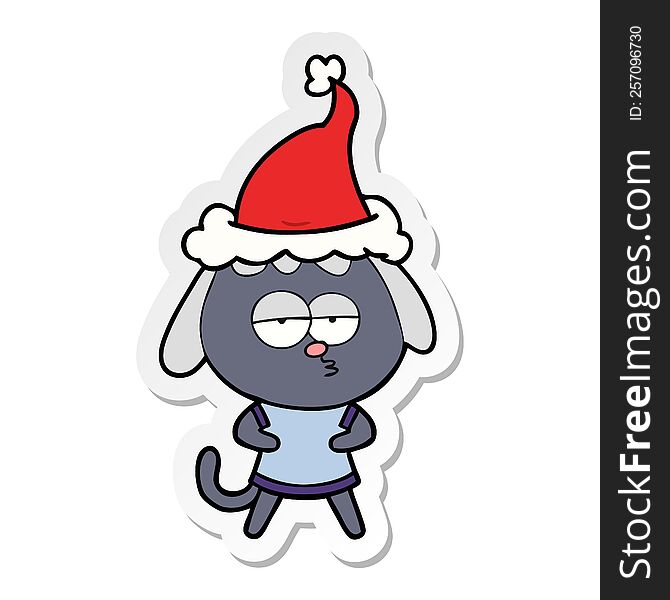 hand drawn sticker cartoon of a bored dog wearing santa hat
