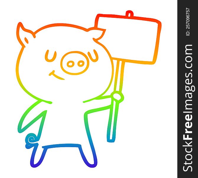 rainbow gradient line drawing of a happy cartoon pig with placard
