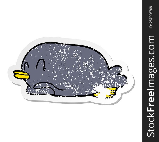 distressed sticker of a penguin lying on belly
