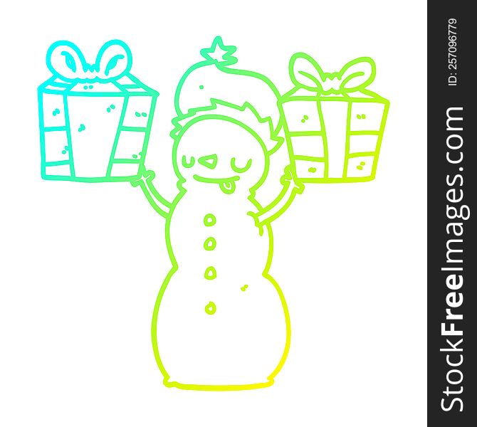 Cold Gradient Line Drawing Cartoon Snowman With Present
