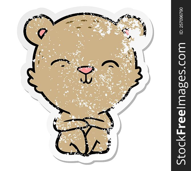 distressed sticker of a happy cartoon bear sitting