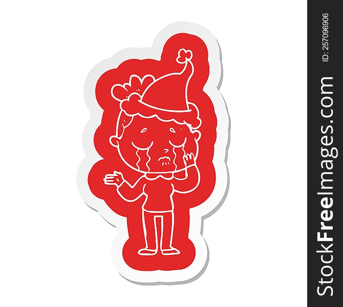 quirky cartoon  sticker of a crying woman wearing santa hat