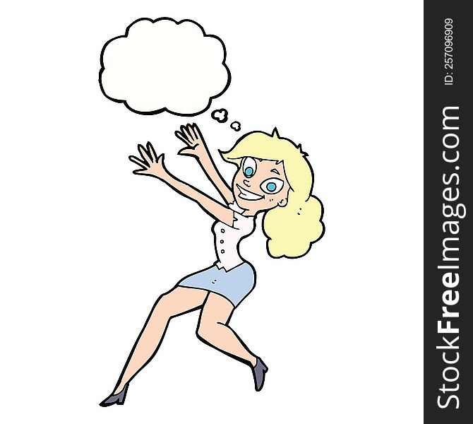 cartoon happy woman jumping with thought bubble