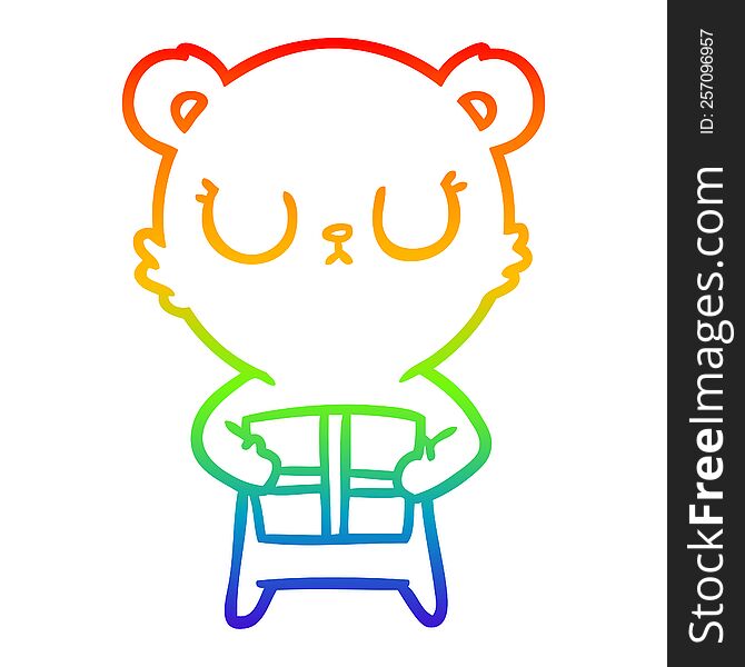 rainbow gradient line drawing of a peaceful cartoon bear with present