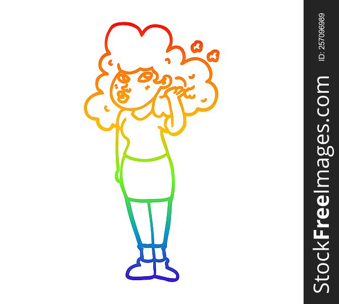 rainbow gradient line drawing of a cartoon girl playing with hair