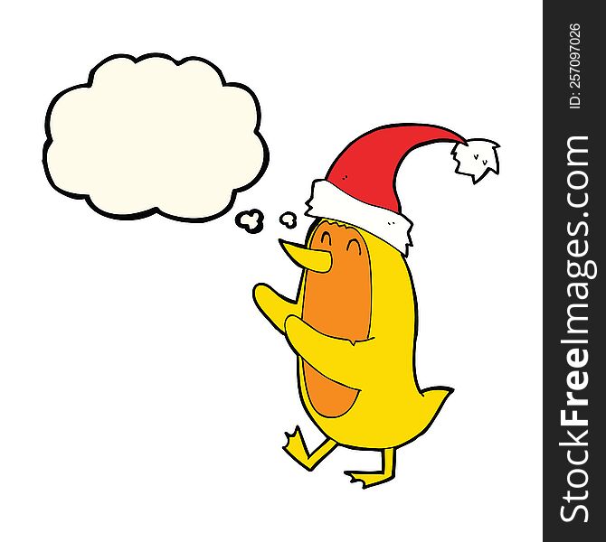 cartoon bird wearing xmas hat with thought bubble